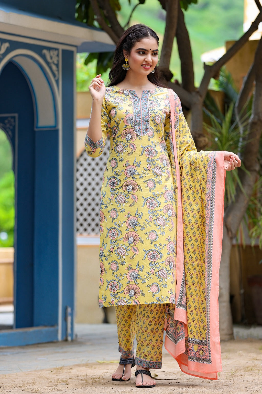 Yellow Handblock Printed Dupatta Set