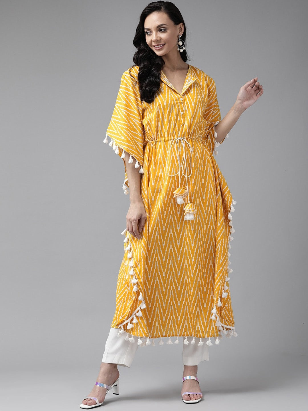 Yellow & Off White Printed Kaftan