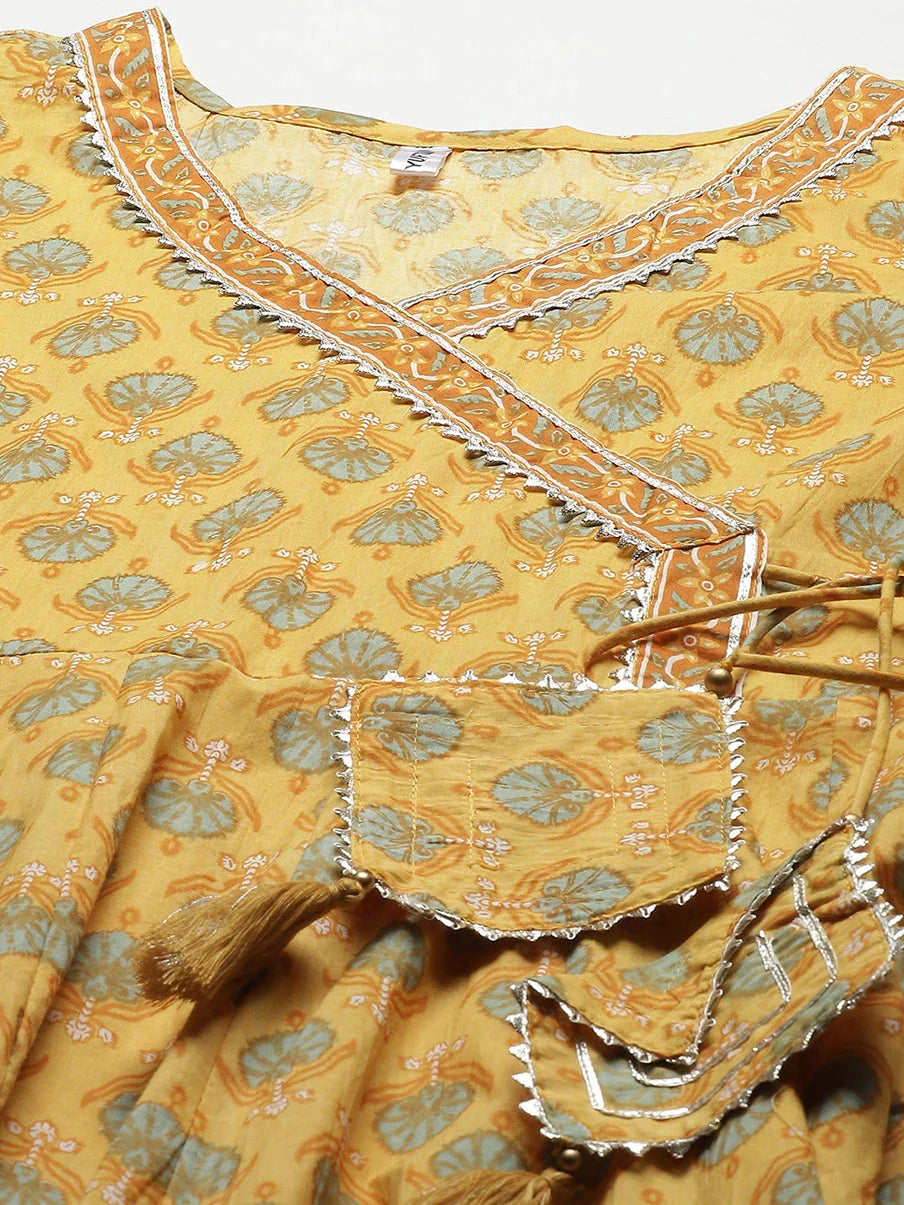 Yellow Printed Angrakha Dupatta Set-Yufta Store-7835SETYLM