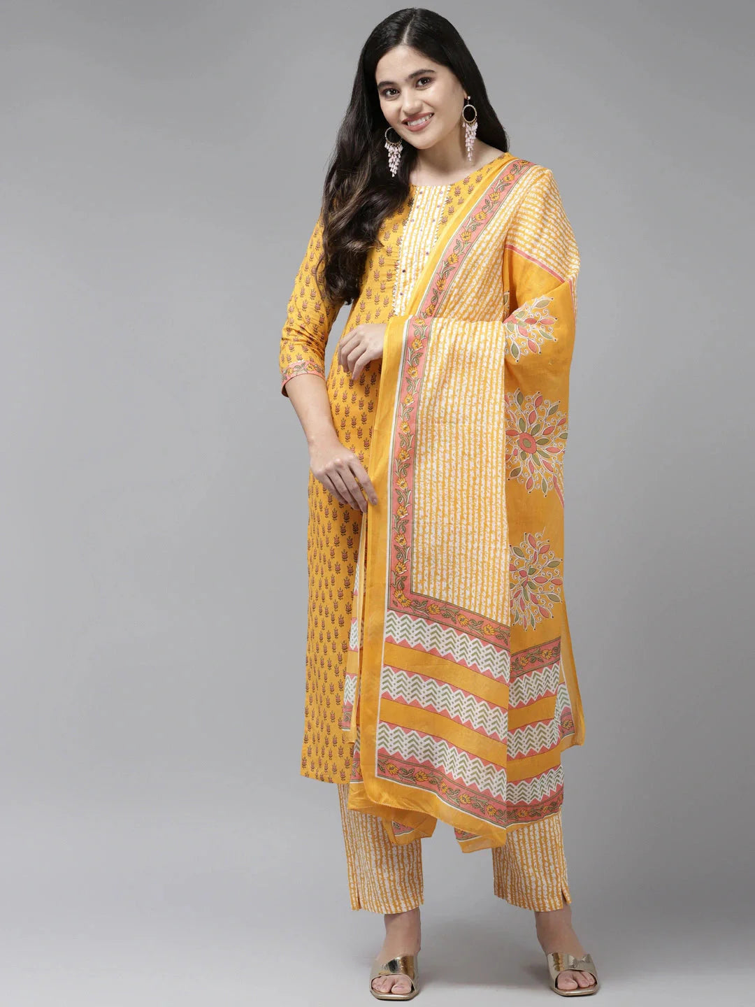 Yellow Printed Cotton Dupatta Set-Yufta Store-9843SKDYLS