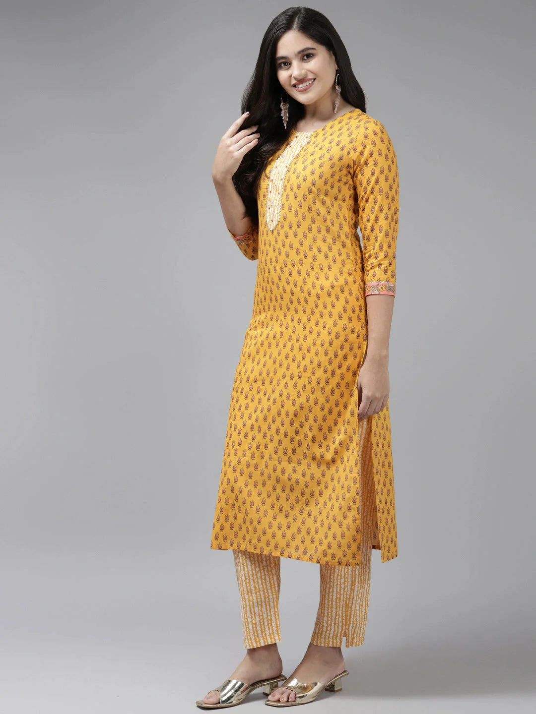 Yellow Printed Cotton Dupatta Set-Yufta Store-9843SKDYLS