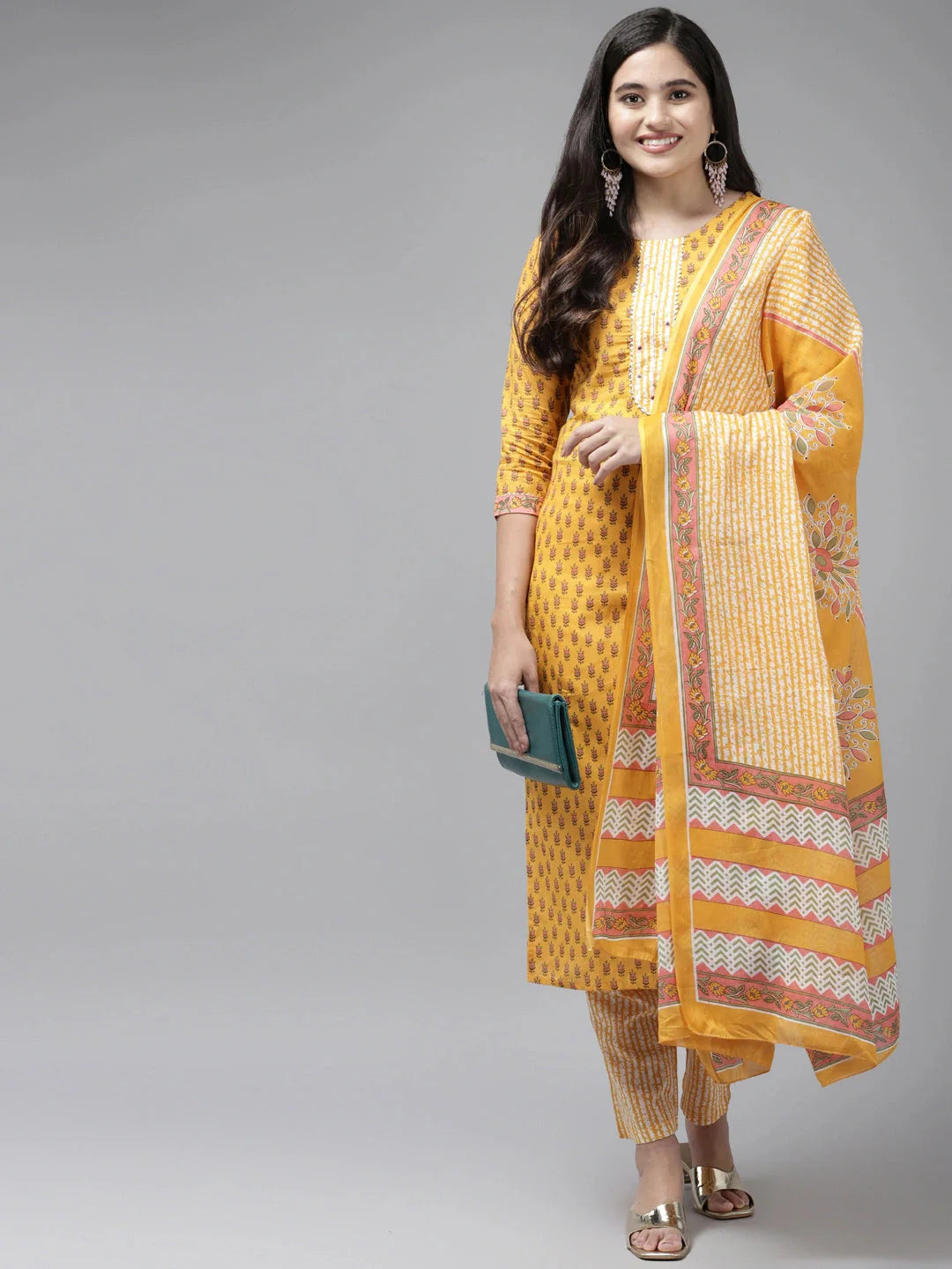 Yellow Printed Cotton Dupatta Set-Yufta Store-9843SKDYLS