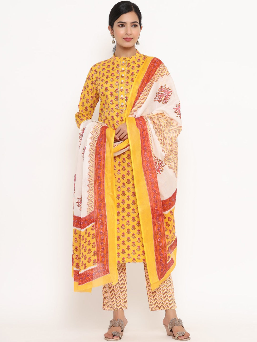 Yellow Printed Dupatta Set-Yufta Store-9799SKDYLS