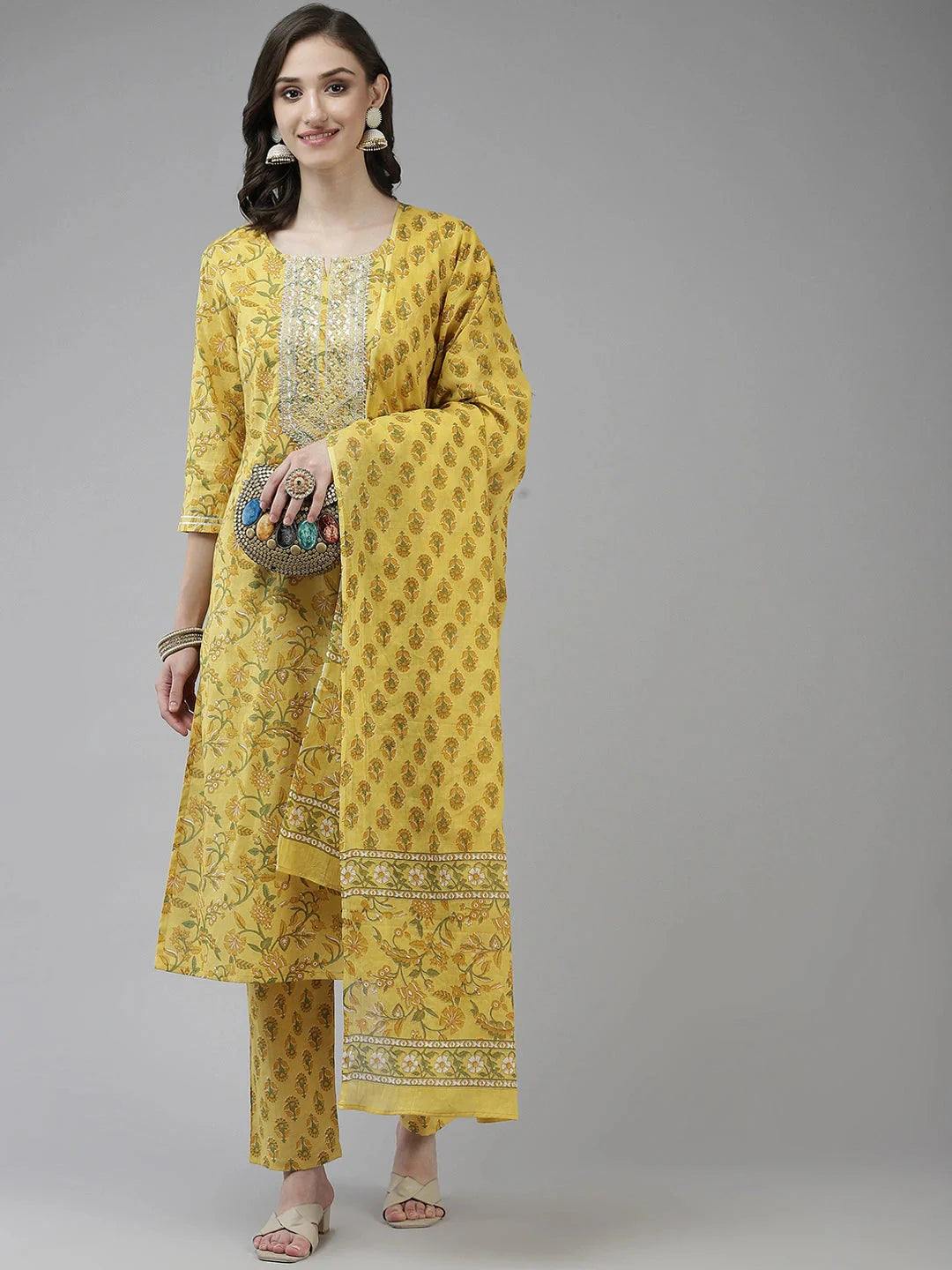 Yellow Printed Gotta Patti Dupatta Set-Yufta Store-9751SKDYLS