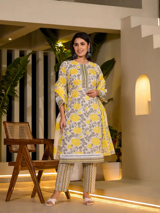 Yellow Pure Cotton Floral Print Kurta With Trousers And Dupatta Set-Yufta Store-1006SKDYLS