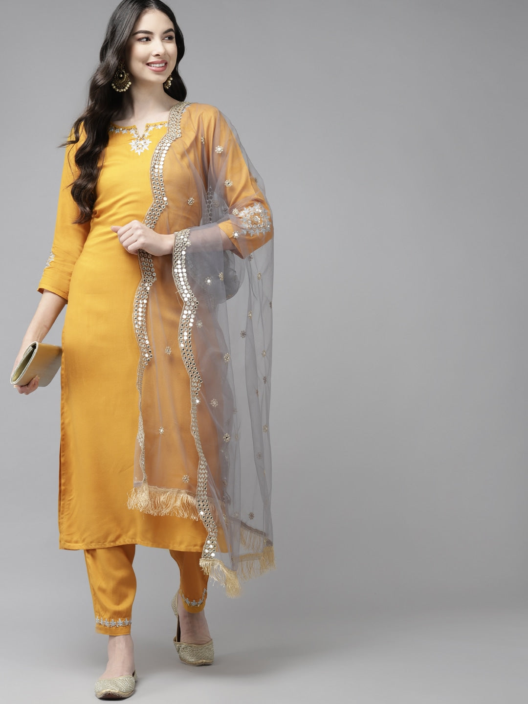 Yellow Sequinned Dupatta Set