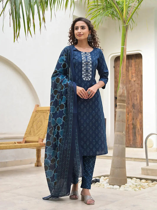 Yufta Blue Cotton Thread_Work Sequins_Work Zari_Work Kurta Set With Dupatta Set-Yufta Store-6901SKDBLS