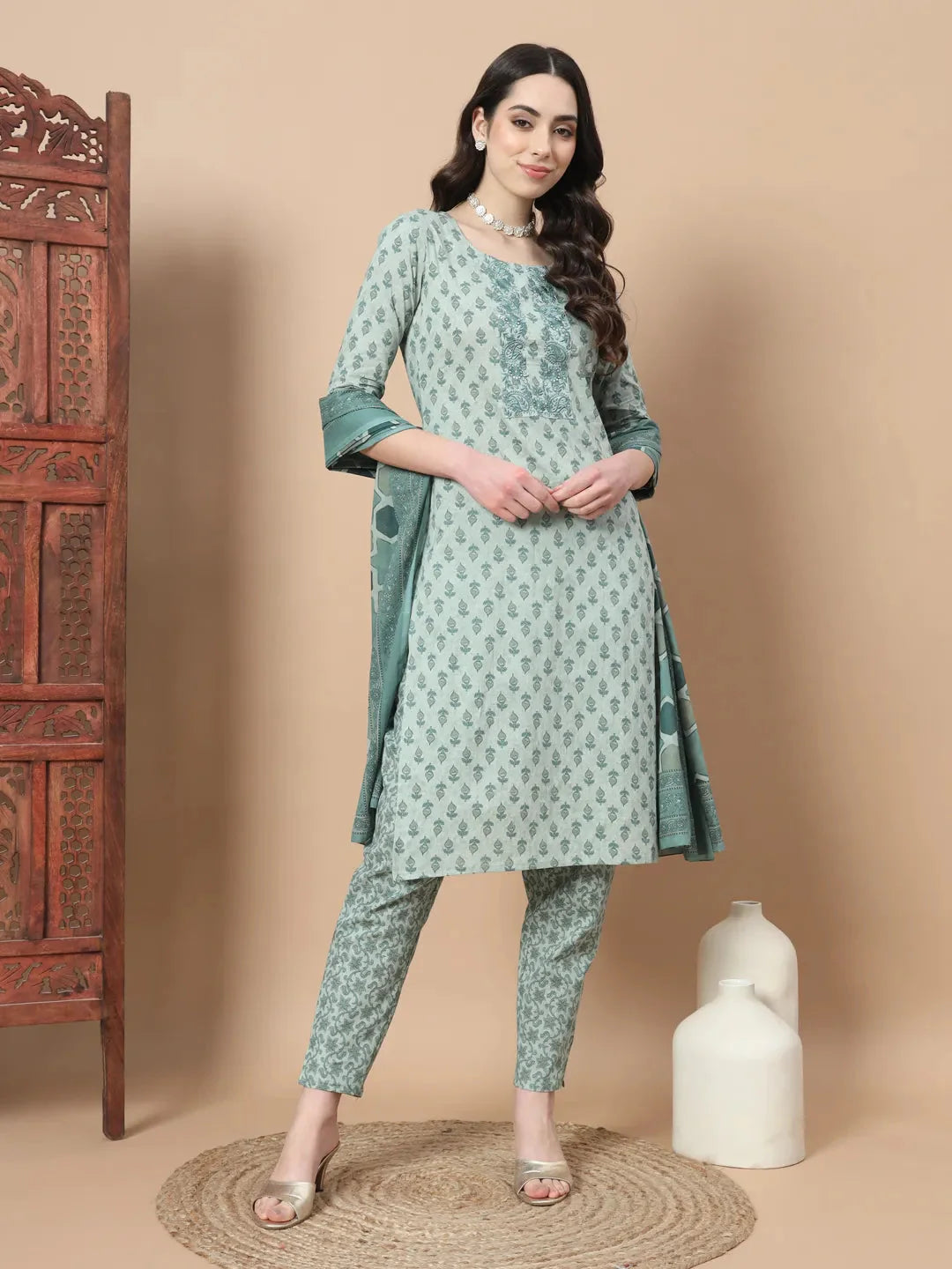 Yufta Green Block Print,Thread_Work Straight Kurta Trouser And Dupatta Set-Yufta Store-1742SKDGRS