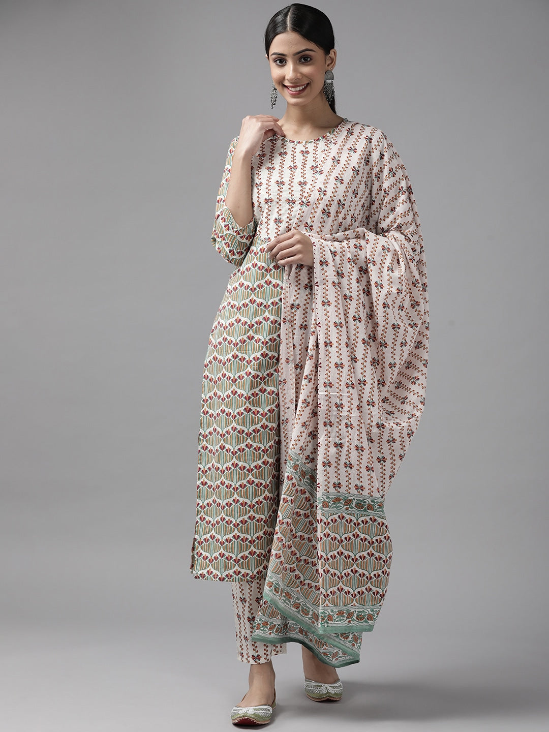 White Printed Dupatta Set