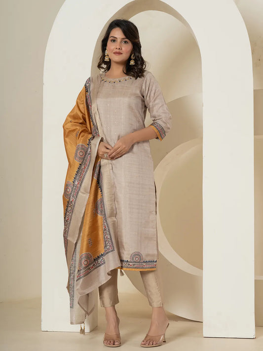 Beige Tussar Silk Cutdana_Work Kurta Dupatta Set