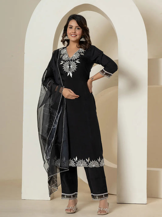 Black Embroidered Silk Blend Straight Kurta Bottom Dupatta Set