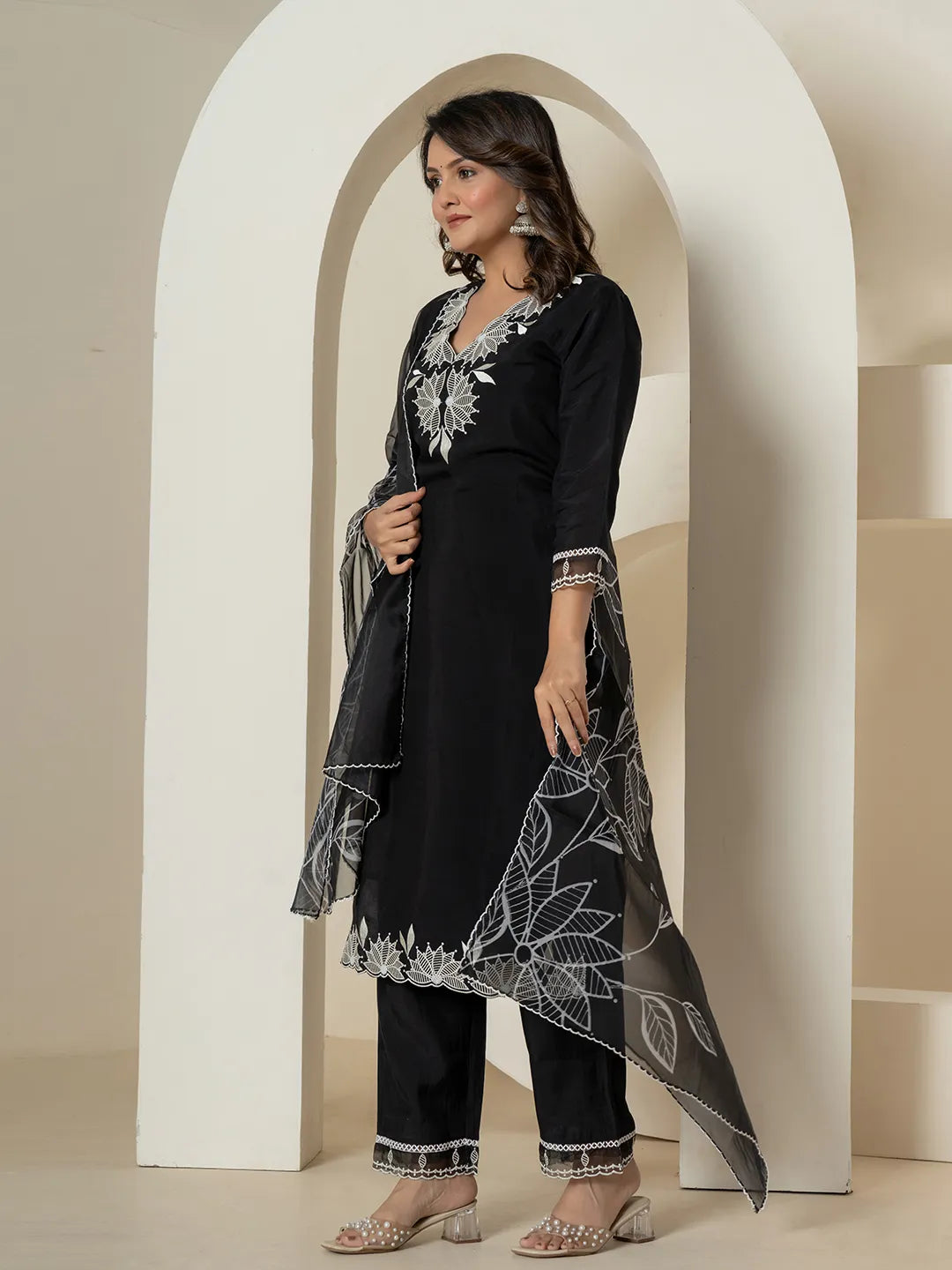 Black Embroidered Silk Blend Straight Kurta Bottom Dupatta Set