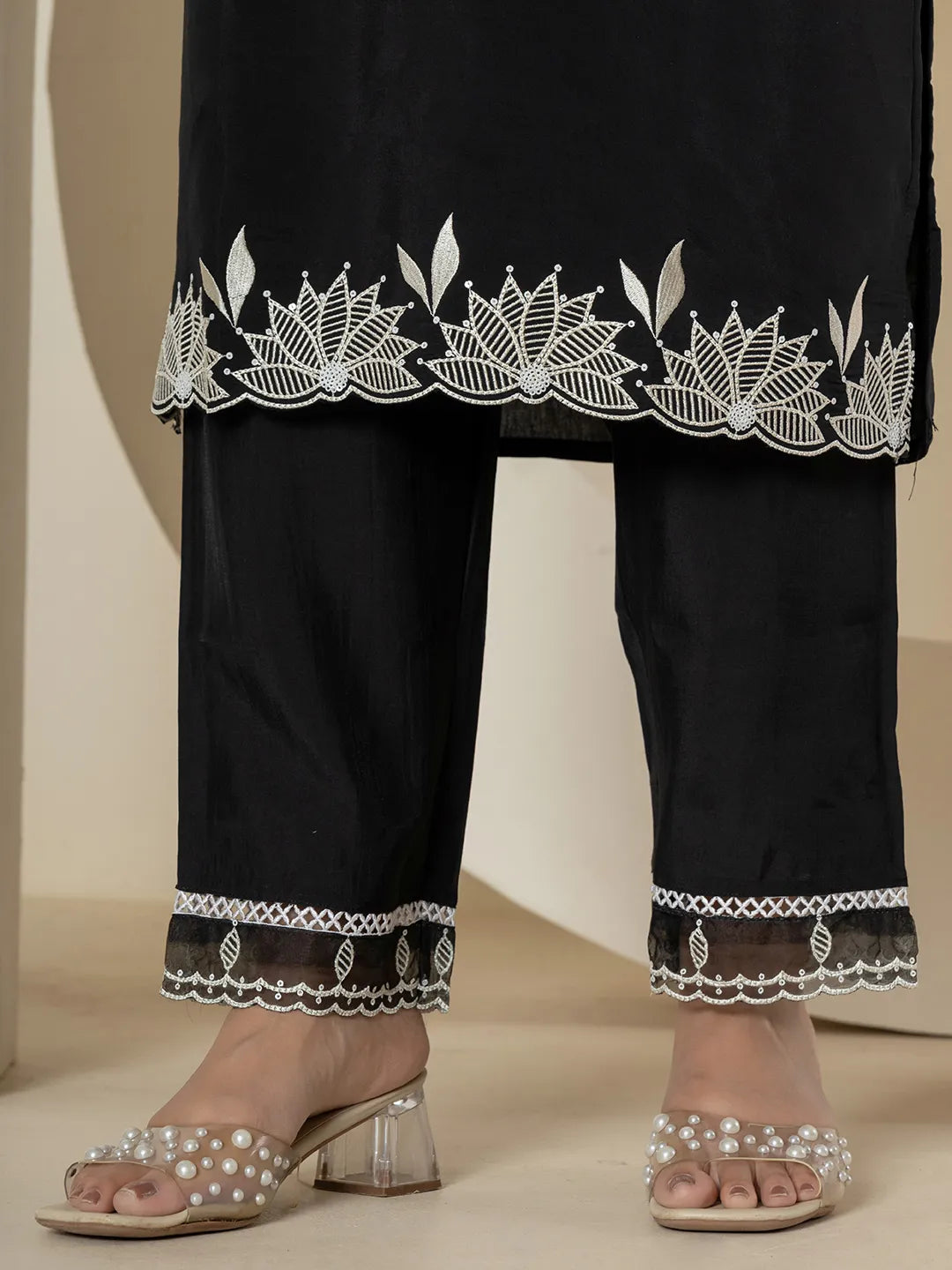 Black Embroidered Silk Blend Straight Kurta Bottom Dupatta Set