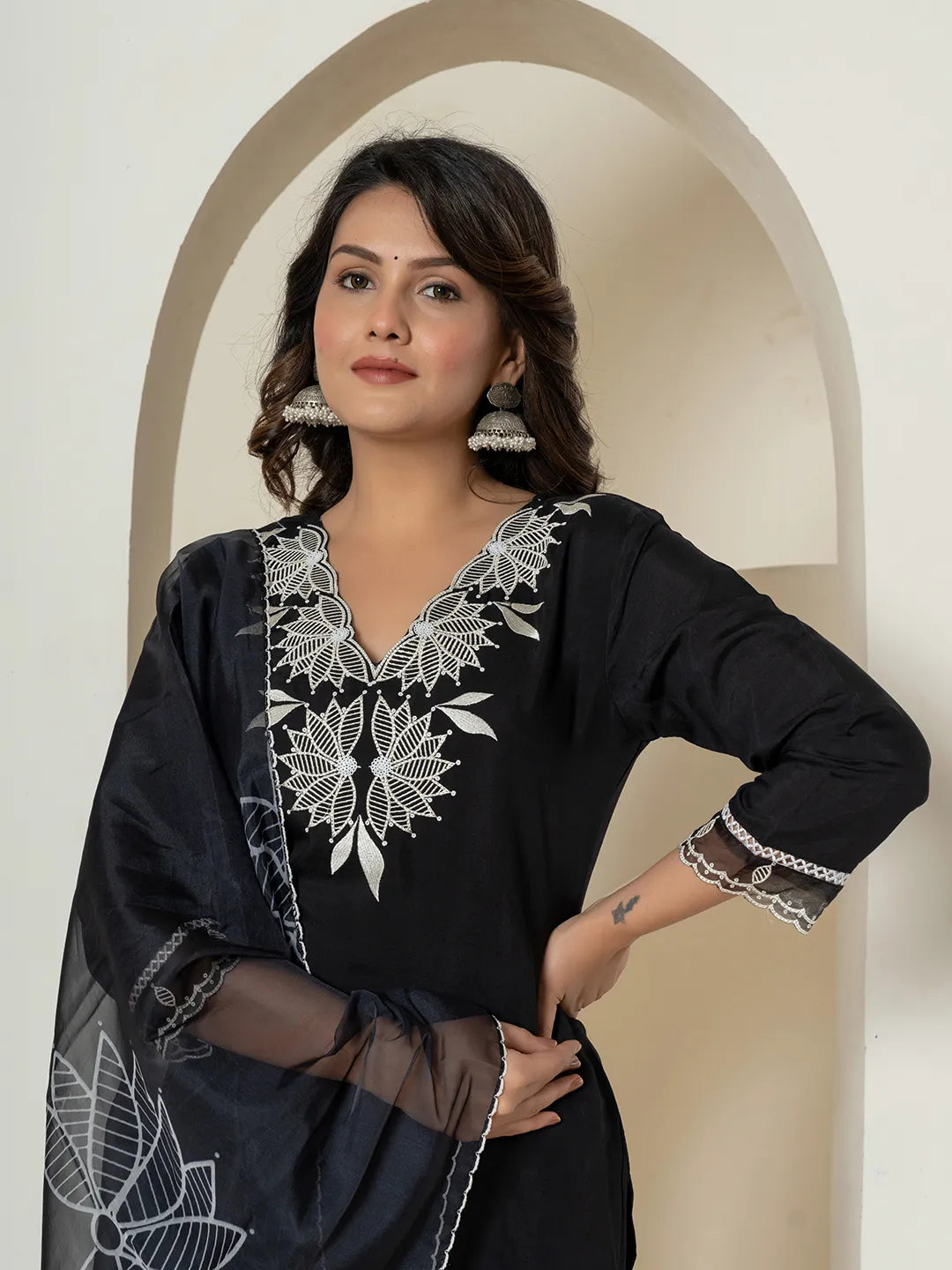 Black Embroidered Silk Blend Straight Kurta Bottom Dupatta Set