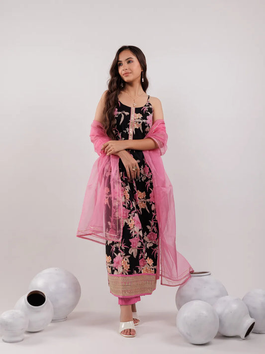 Black Floral Print Cotton Fit And Flare Kurta Trouser & Dupatta Set