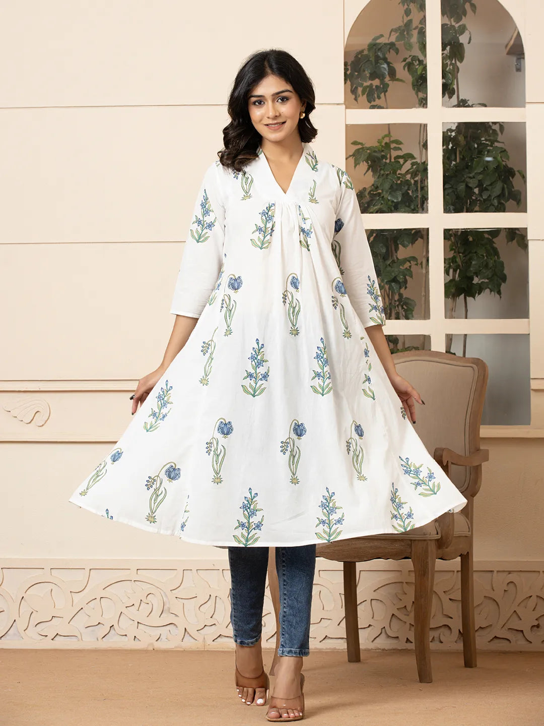 Blue & White Cotton Floral Print Aline Kurta