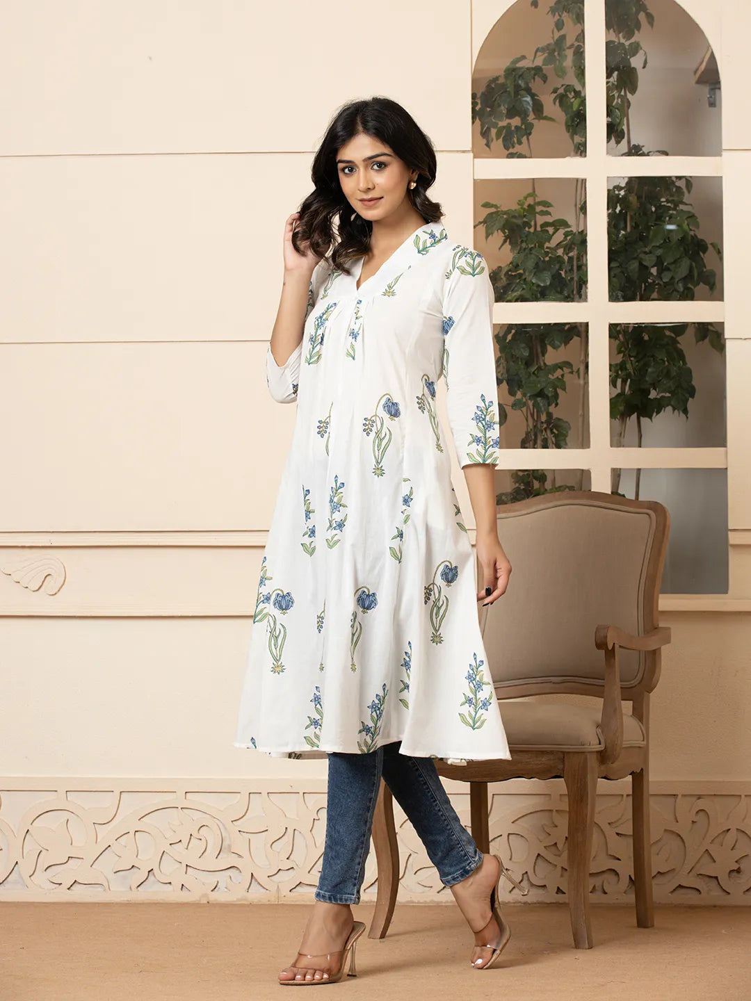 Blue & White Cotton Floral Print Aline Kurta