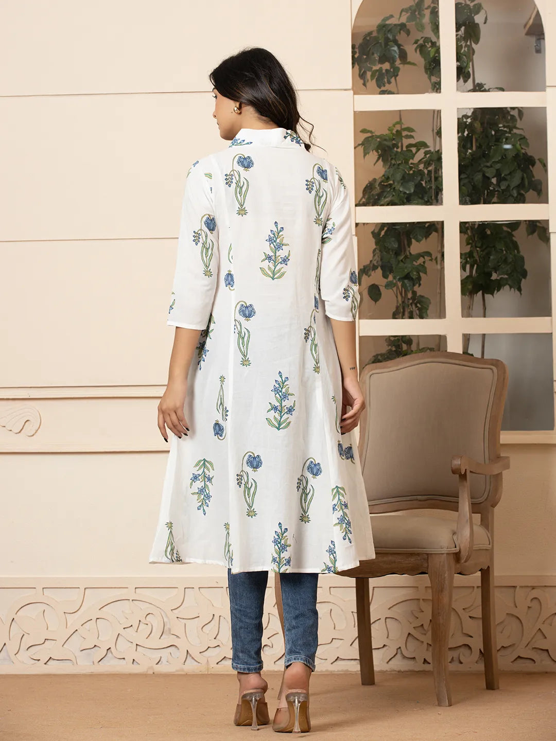 Blue & White Cotton Floral Print Aline Kurta