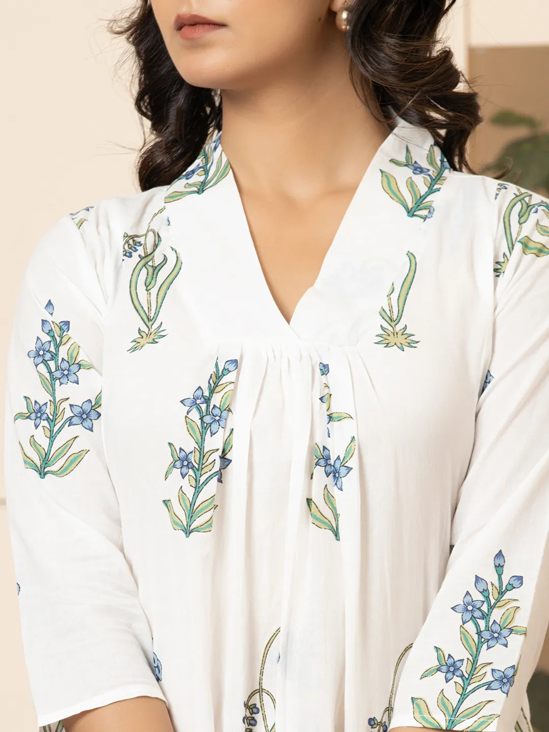 Blue & White Cotton Floral Print Aline Kurta