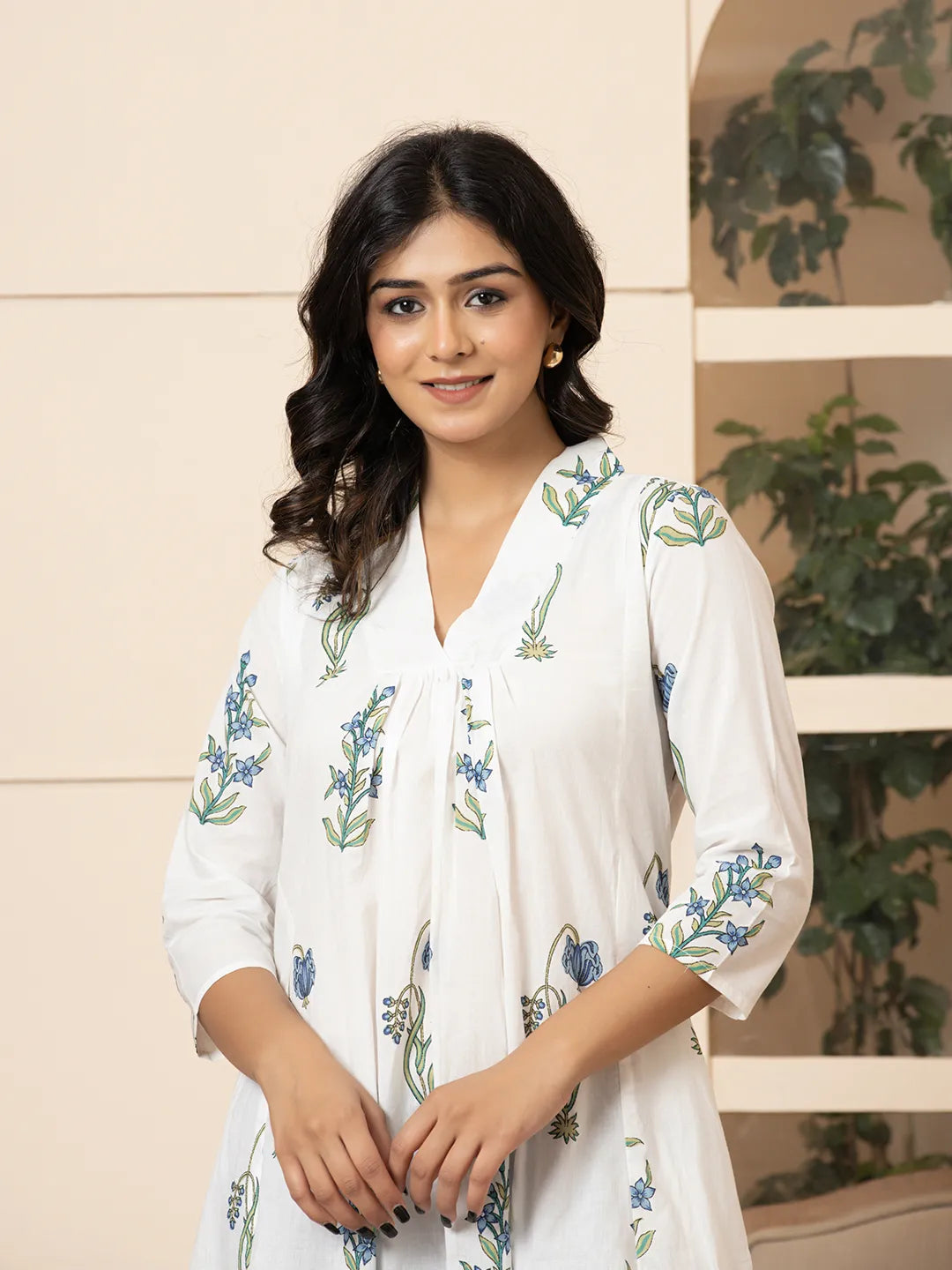 Blue & White Cotton Floral Print Aline Kurta