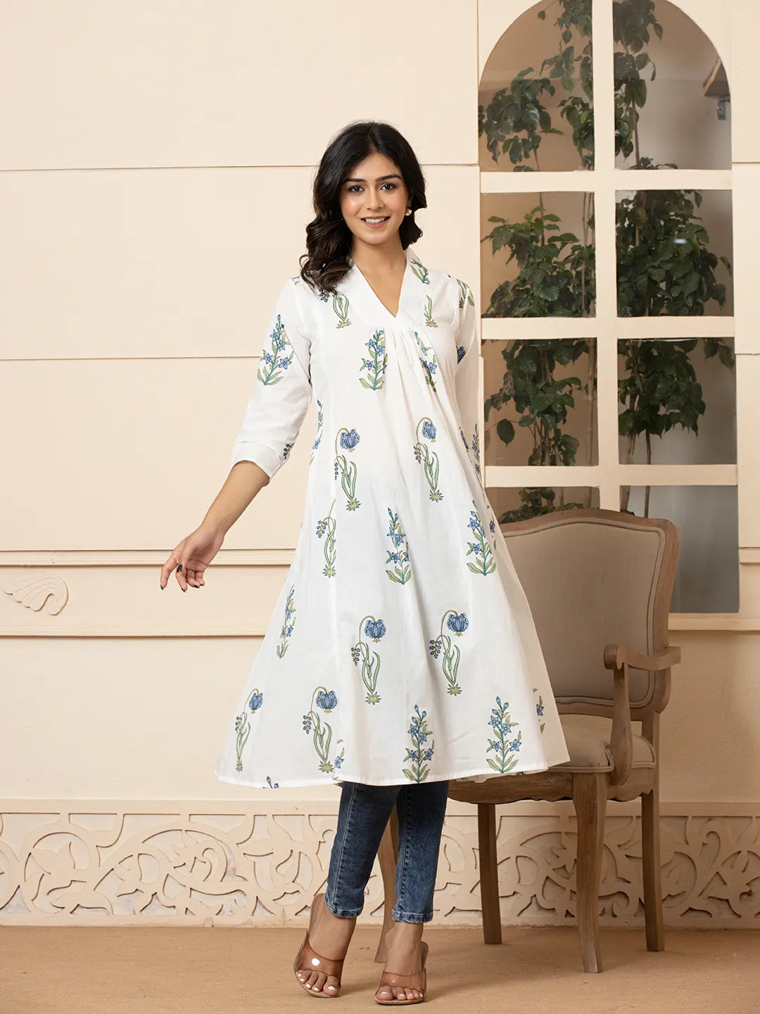 Blue & White Cotton Floral Print Aline Kurta