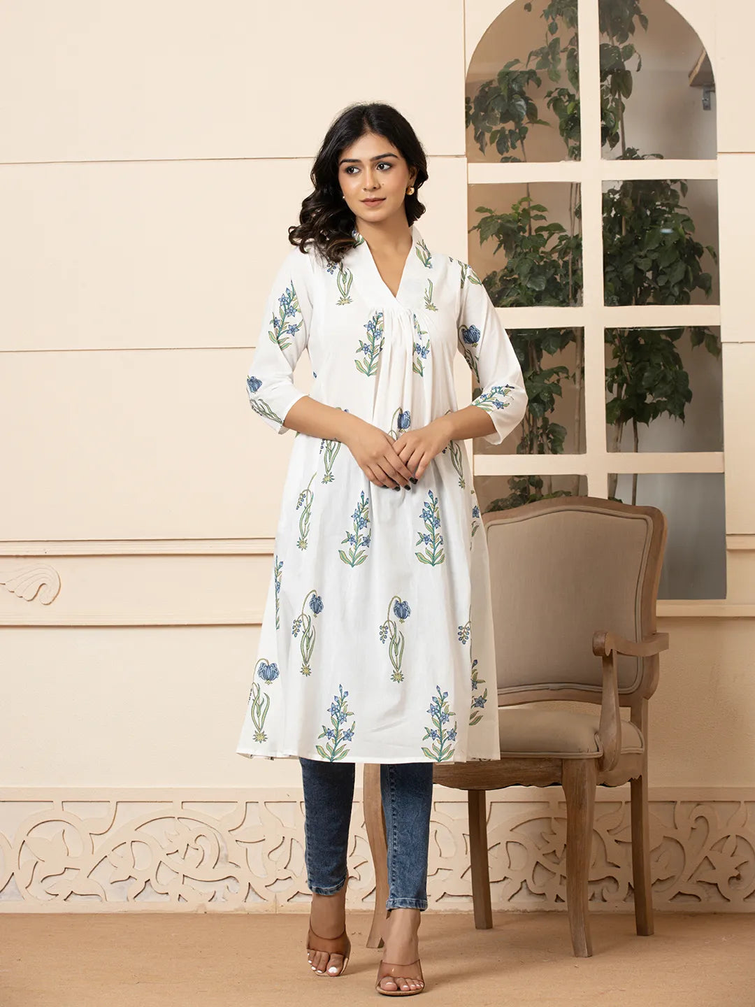 Blue & White Cotton Floral Print Aline Kurta