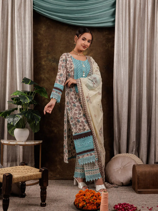 Blue Cotton Kurta Dupatta Set With Lace Detailing