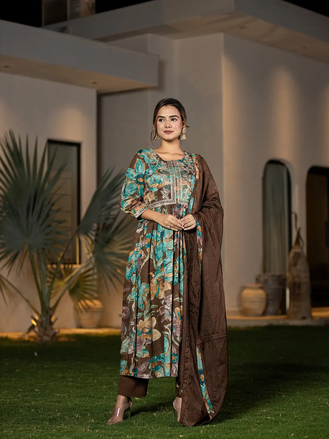 Brown Floral Print Malmal Fit And Flare Suit Set-Yufta Store-6963SKDBRS