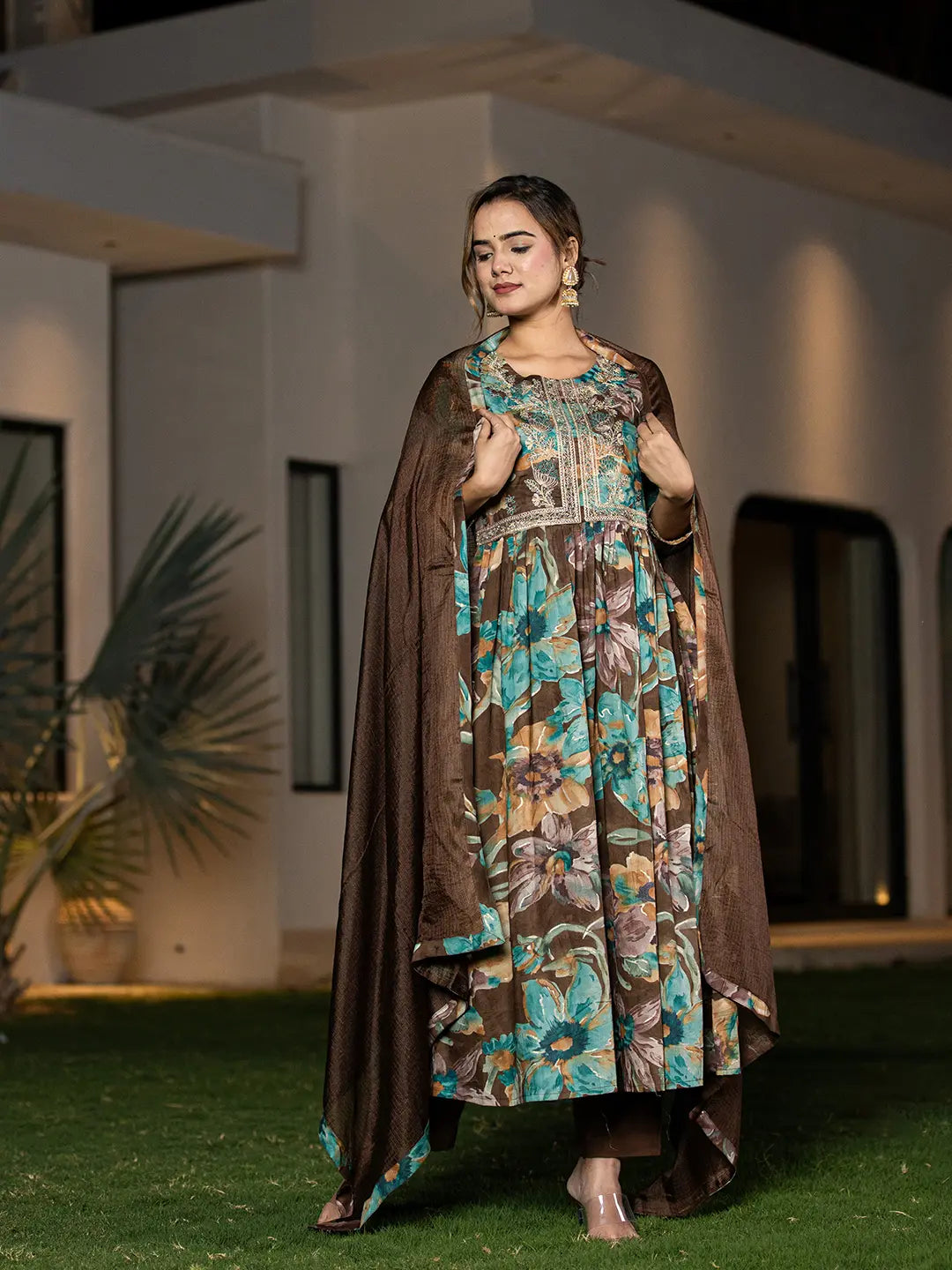 Brown Floral Print Malmal Fit And Flare Suit Set-Yufta Store-6963SKDBRS