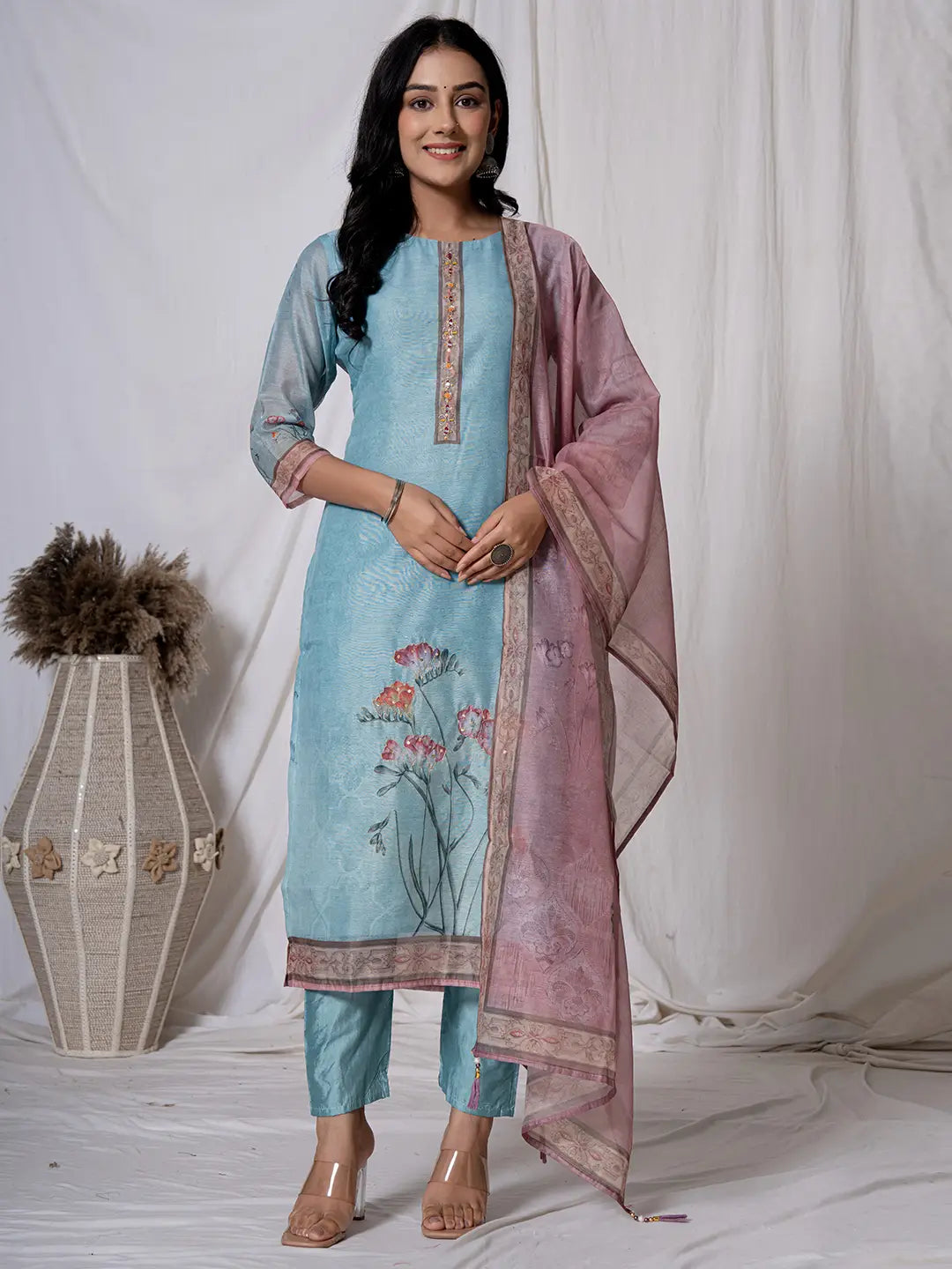 Chanderi Sky Blue Kurta Dupatta Set