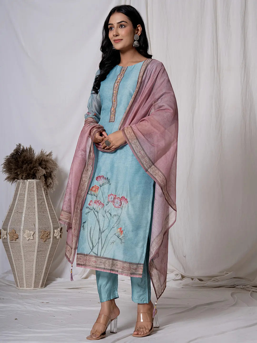 Chanderi Sky Blue Kurta Dupatta Set