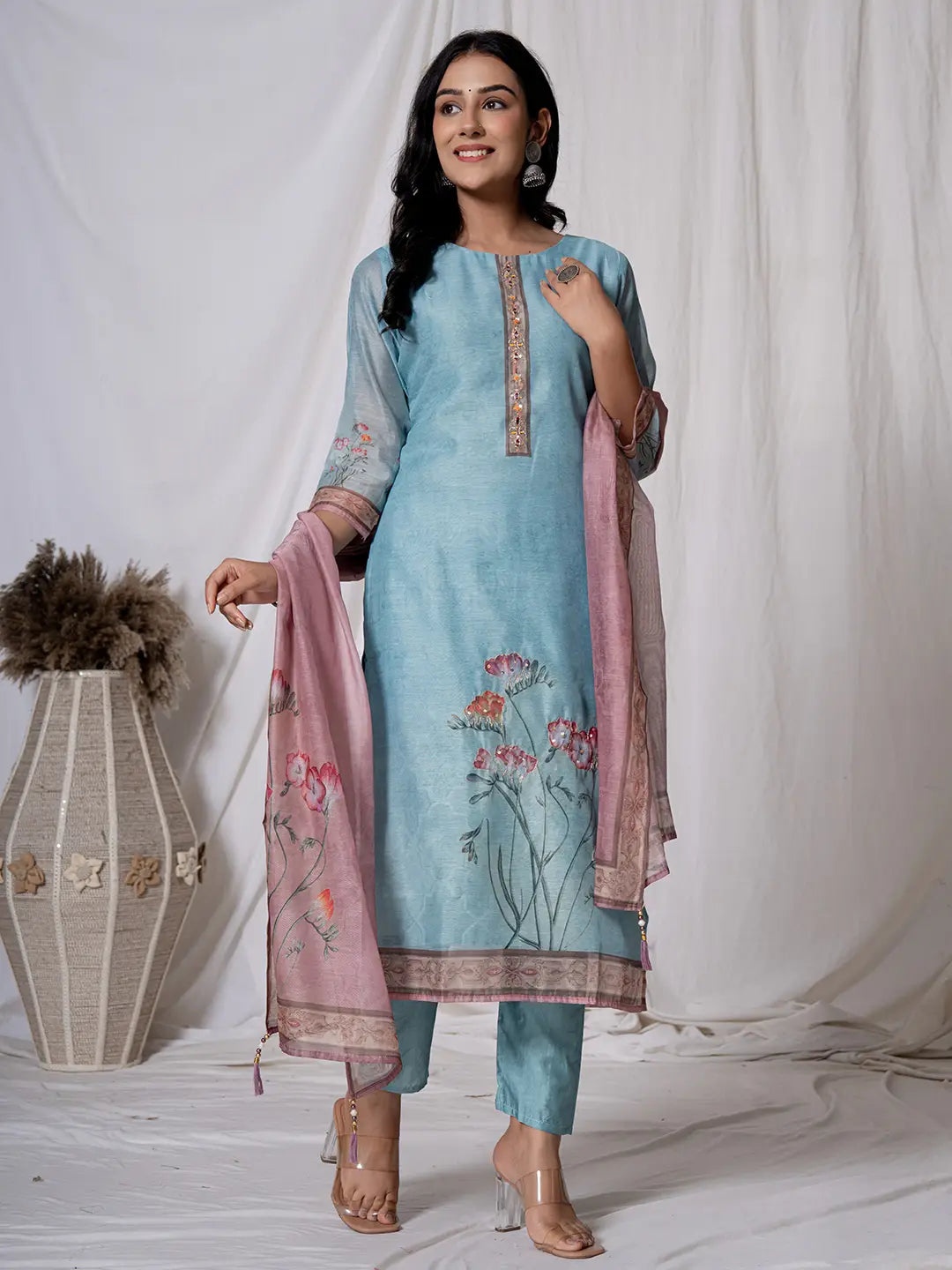 Chanderi Sky Blue Kurta Dupatta Set