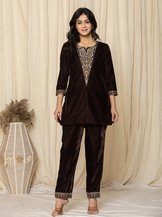 Coffee Brown Velvet Embroidered Co-Ord Set