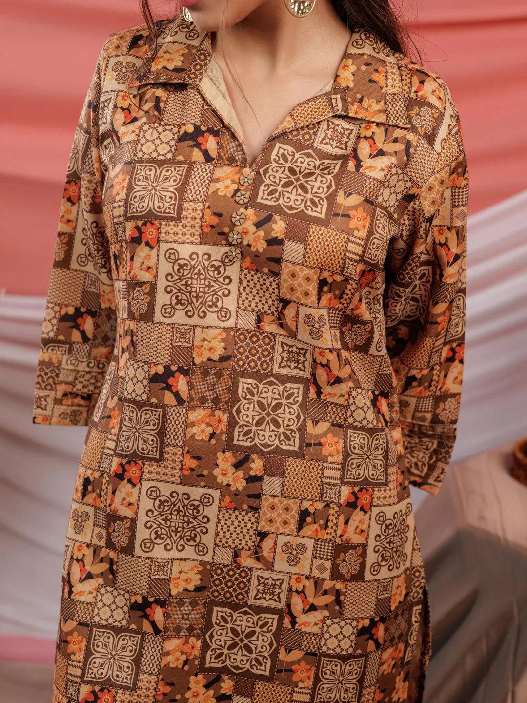 Cotton Brown Digital Printed Workwear Co-Ord Set With Pintuck Detailing On Sleeves