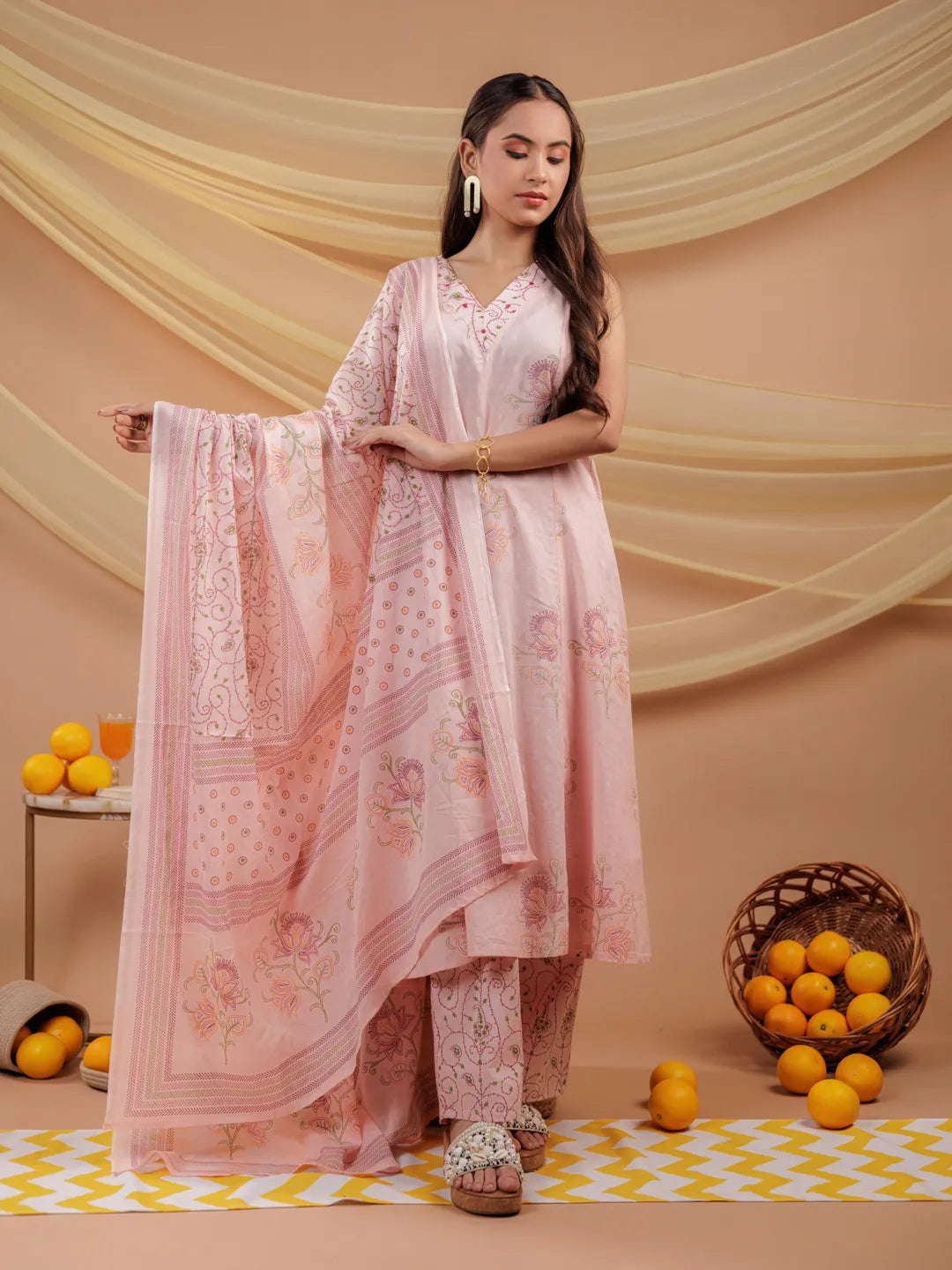 Cotton Pink Sleeveless Kurta Dupatta Set