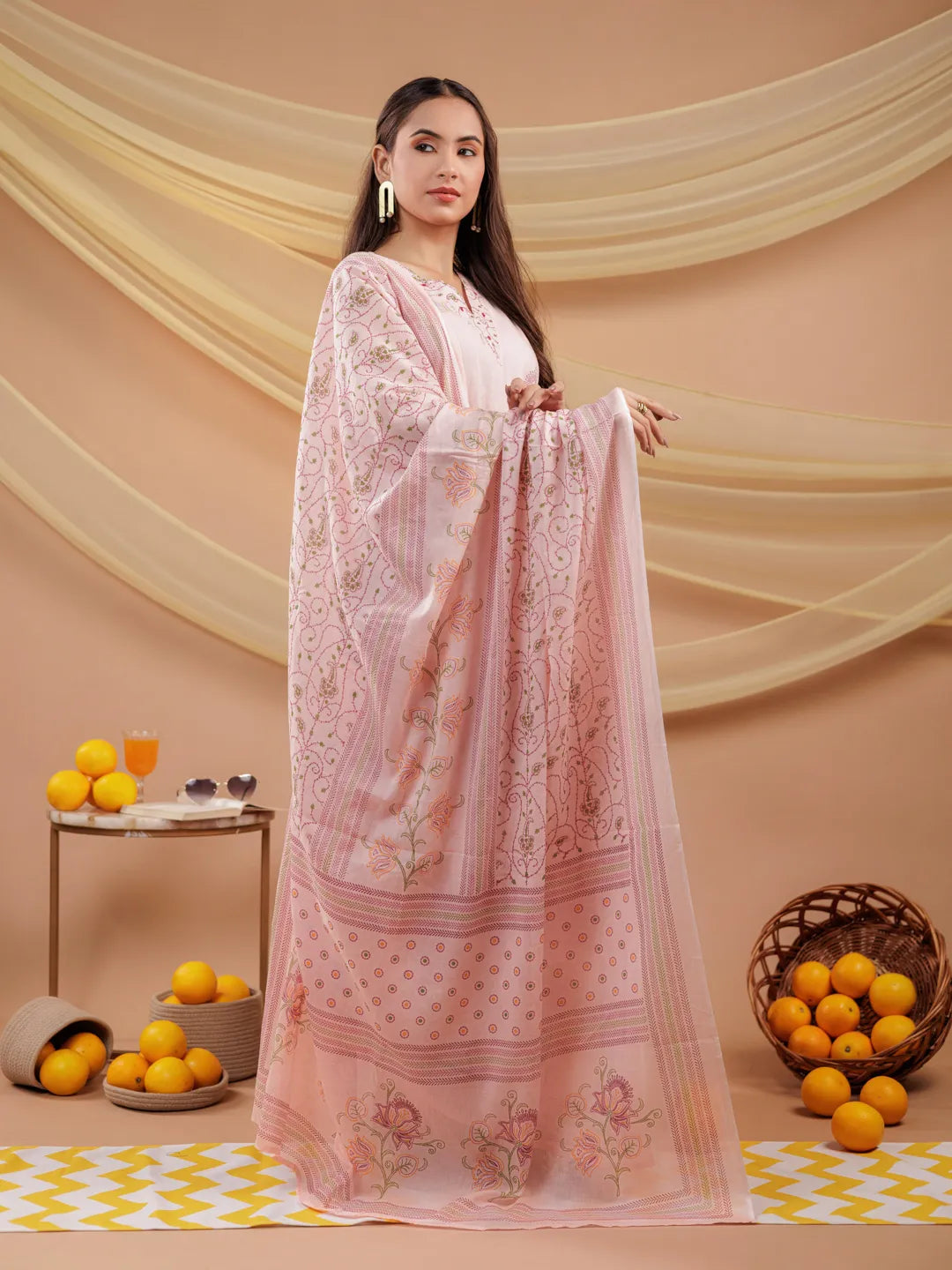 Cotton Pink Sleeveless Kurta Dupatta Set