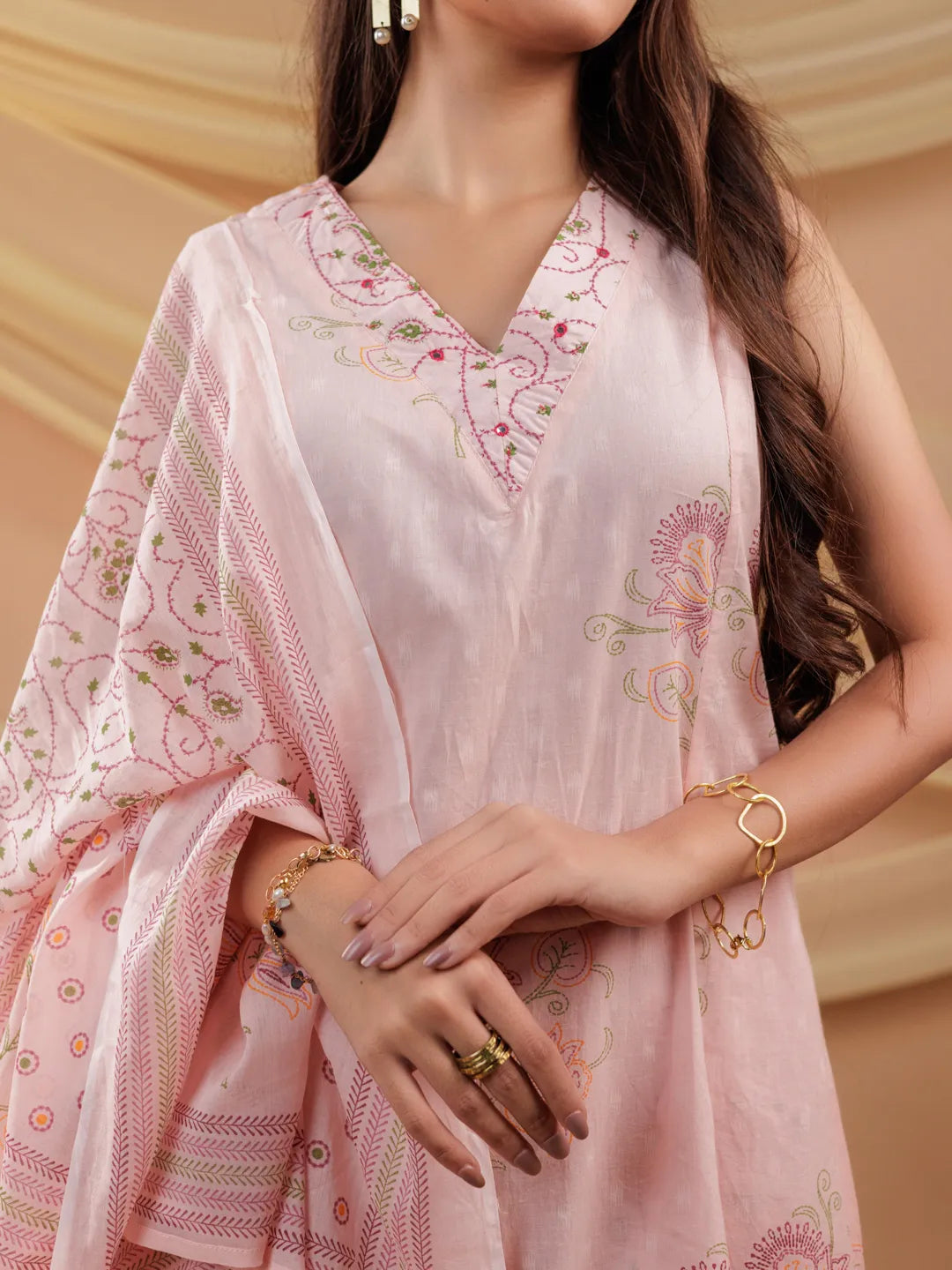 Cotton Pink Sleeveless Kurta Dupatta Set