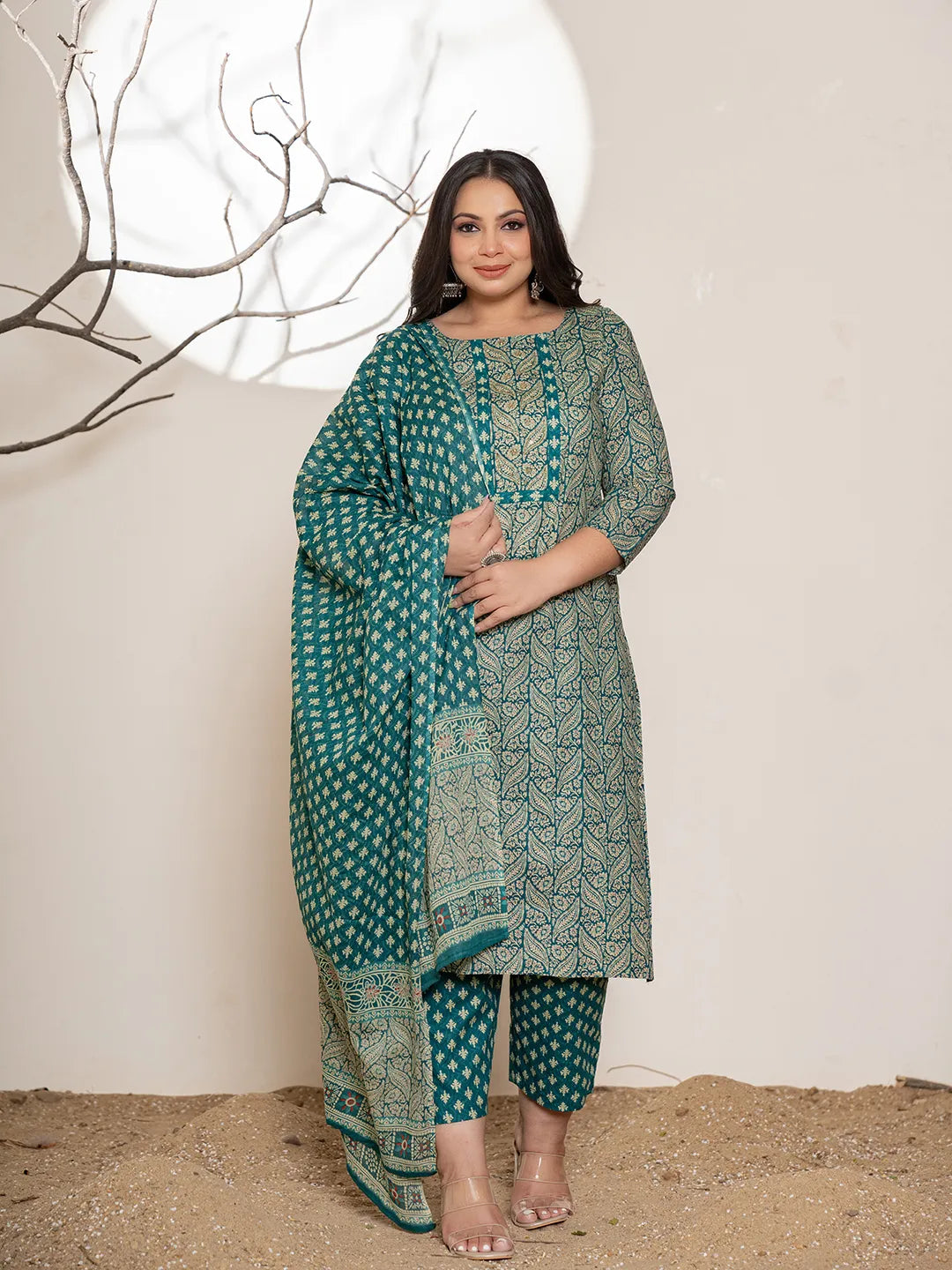 Teal Green Embroidered Cotton Plus Size Suit Set-Yufta Store-6880PSKDTG3XL