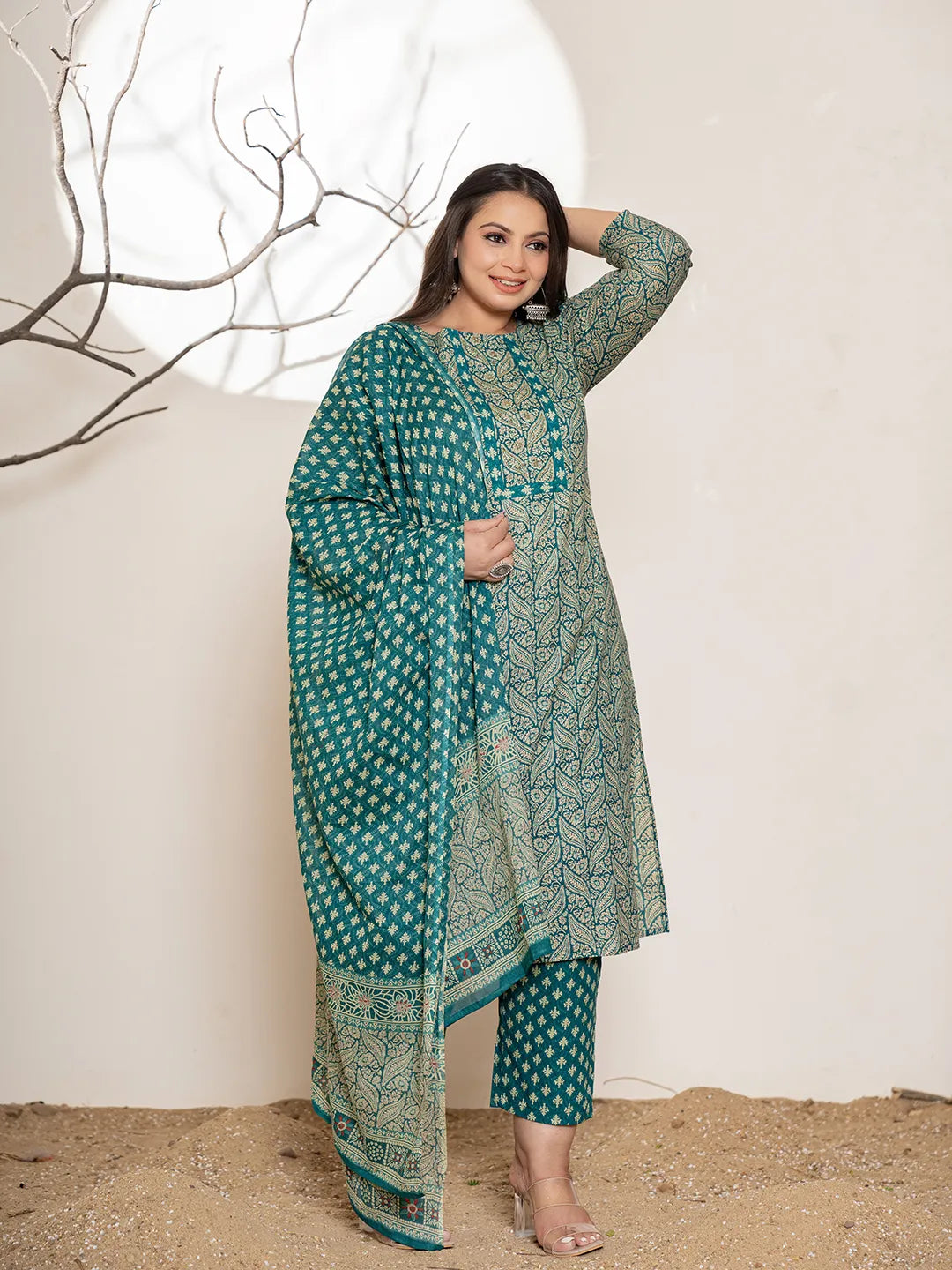 Teal Green Embroidered Cotton Plus Size Suit Set-Yufta Store-6880PSKDTG3XL