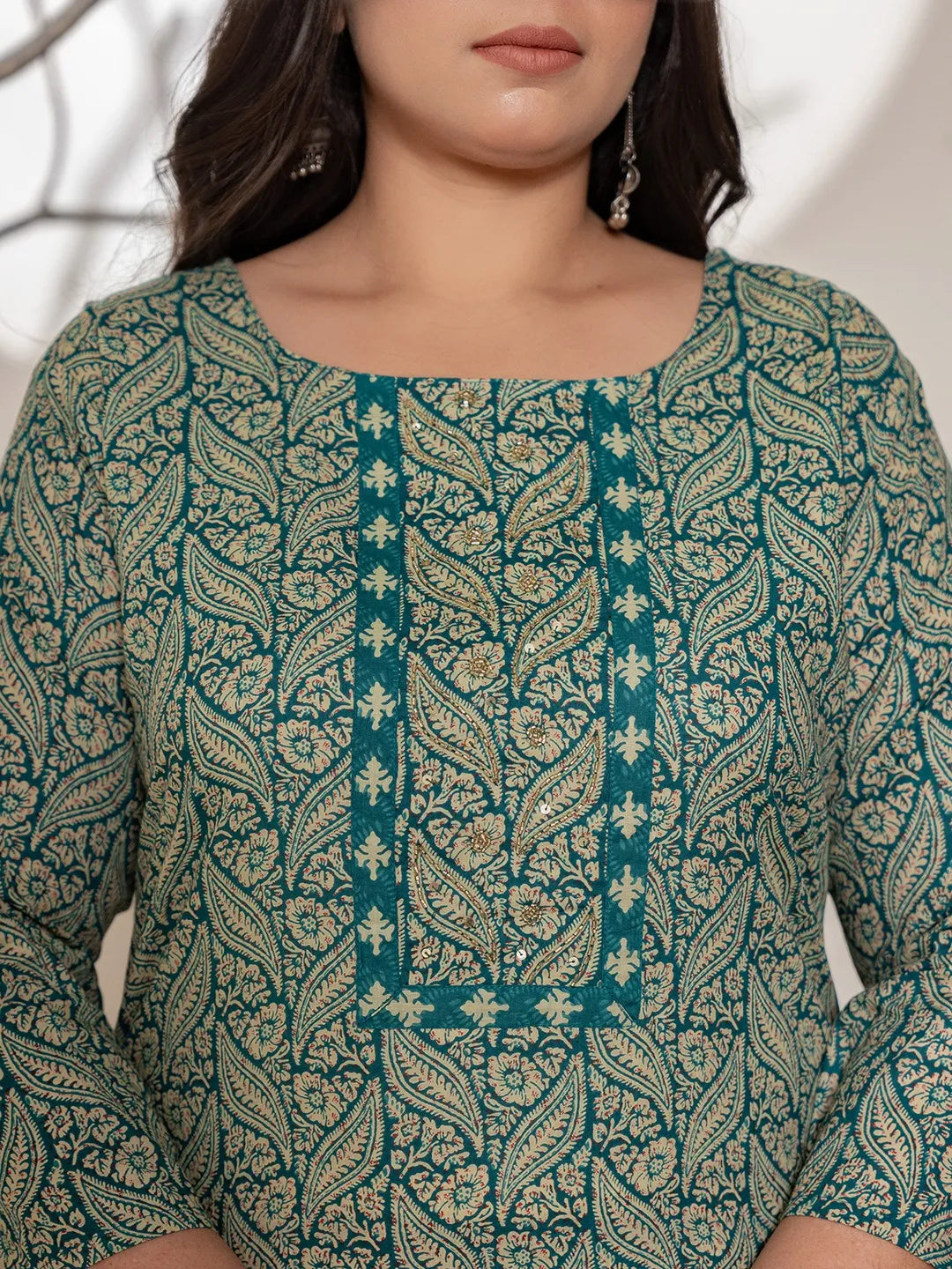 Teal Green Embroidered Cotton Plus Size Suit Set-Yufta Store-6880PSKDTG3XL