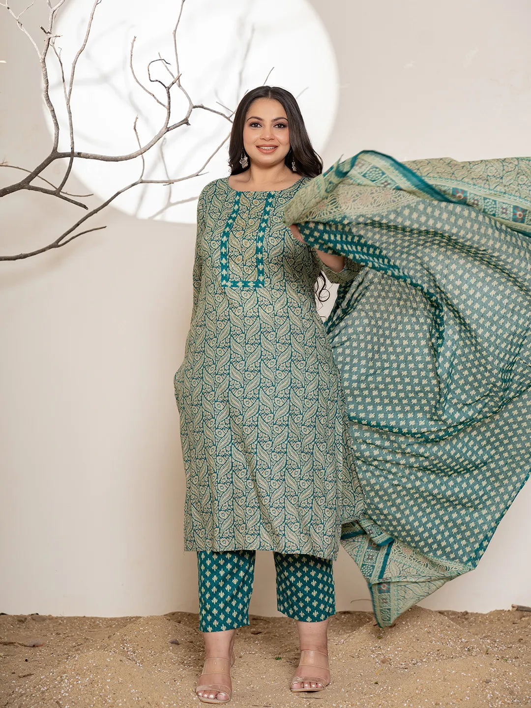 Teal Green Embroidered Cotton Plus Size Suit Set-Yufta Store-6880PSKDTG3XL