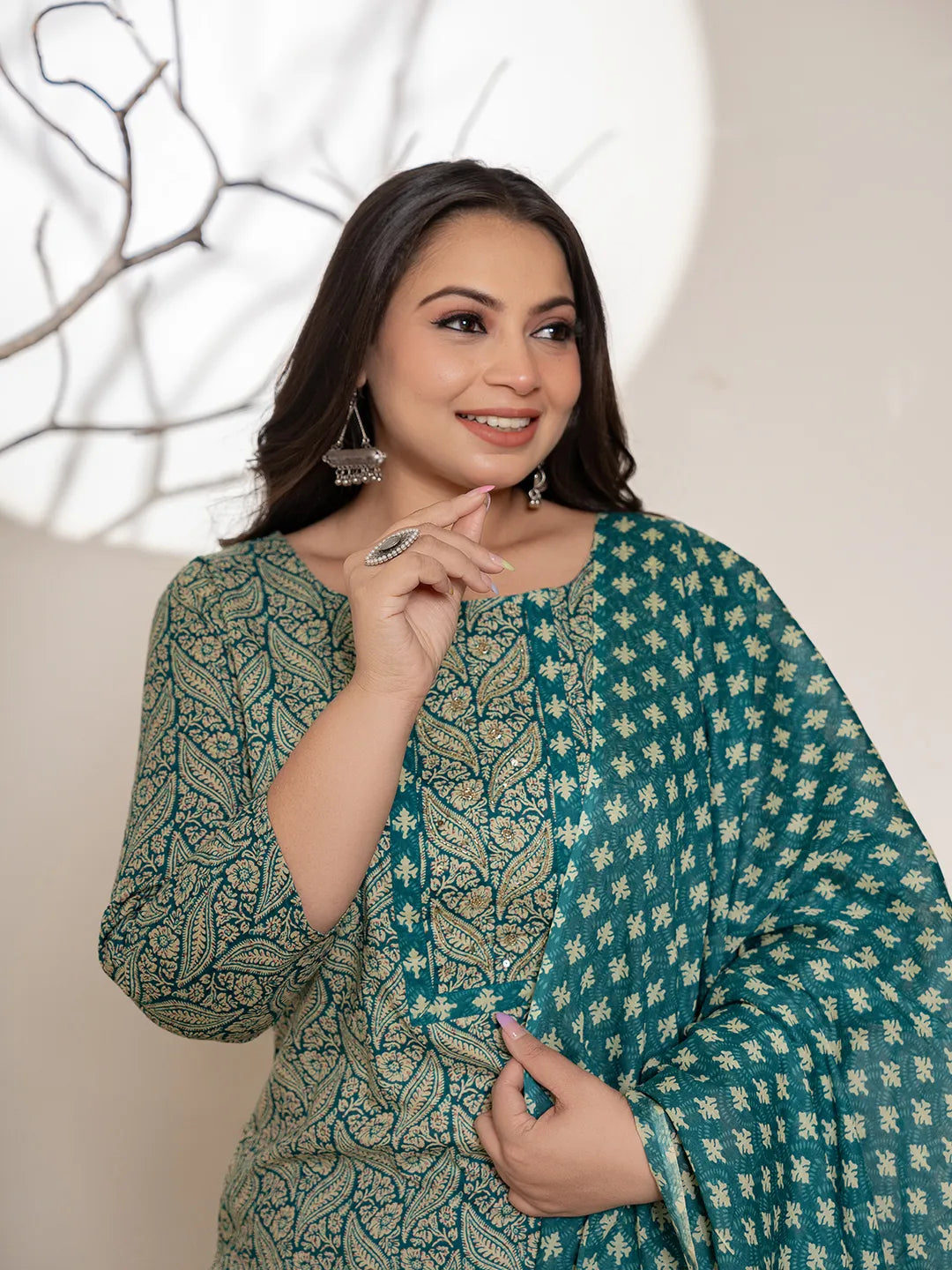 Teal Green Embroidered Cotton Plus Size Suit Set-Yufta Store-6880PSKDTG3XL