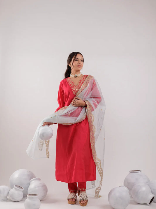 Fuchsia Silk Embroidered Kurta Dupatta Set