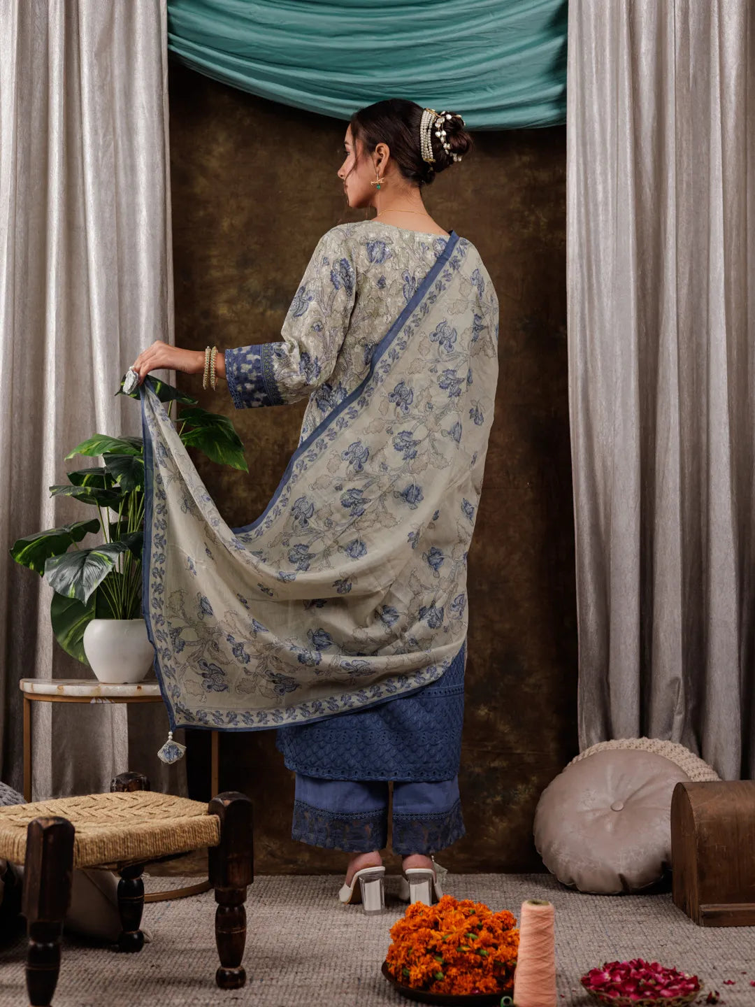 Green Cotton Schiffli Floral Print Kurta Dupatta Set With Lace Detailing