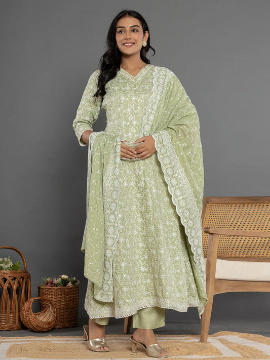 Green Cotton Silk Embroidered Anarkali Kurta Dupatta Set