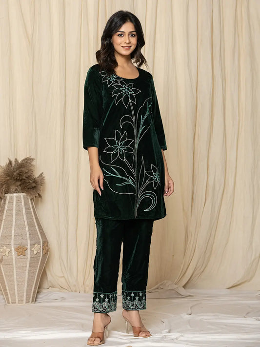 Green Embroidered Velvet Co-Ord Set