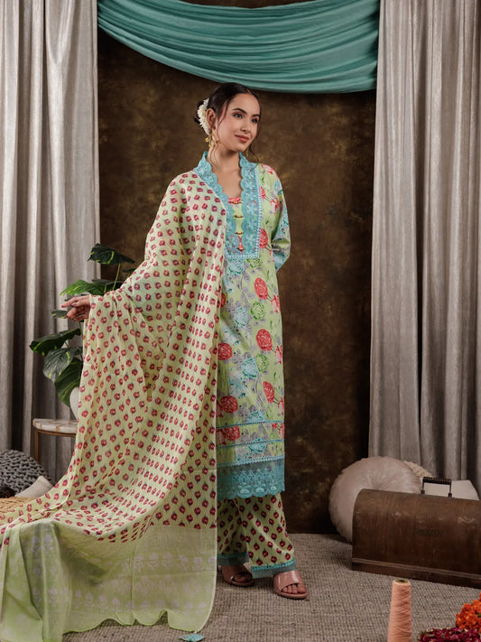 Green Floral Print Pure Cotton Beads Straight Kurta Dupatta Set With Lace Detailing