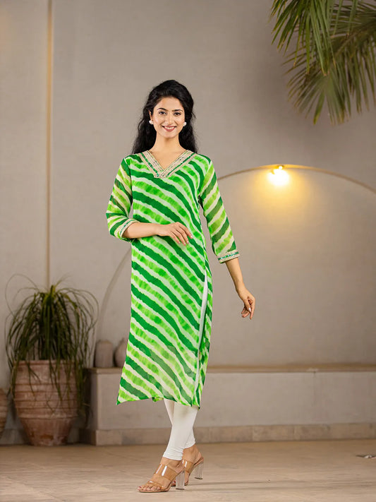 Green Georgette Lehriya Kurta-Yufta Store-6989KURGRS