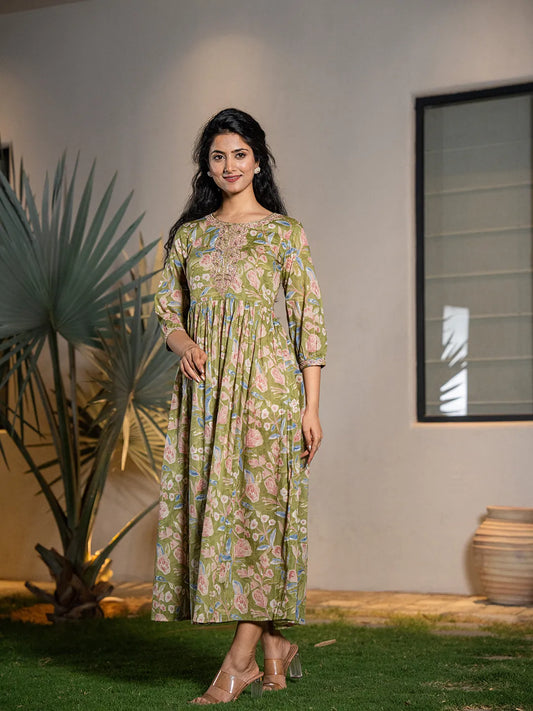 Green Pure Cotton Dori Embroidery Dress-Yufta Store-1691DRSGRS