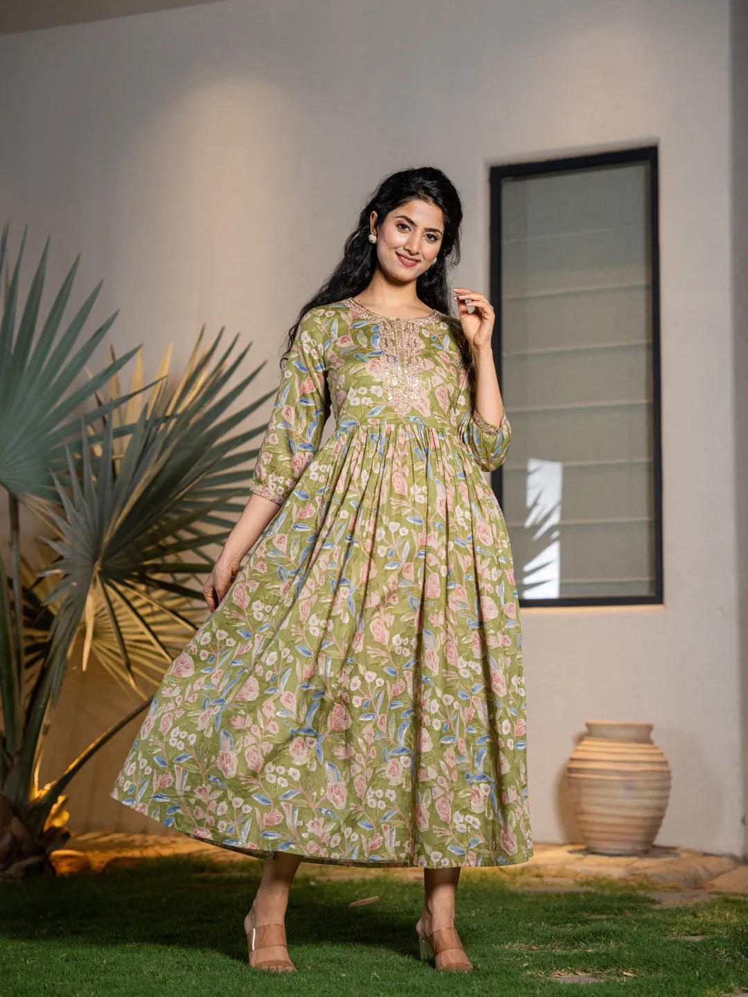 Green Pure Cotton Dori Embroidery Dress-Yufta Store-1691DRSGRS